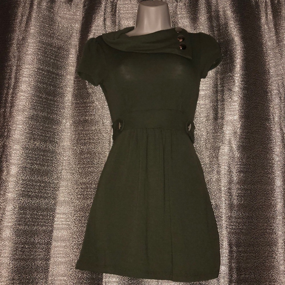 Army Green Cowl Neck Sweater Dress with Belt